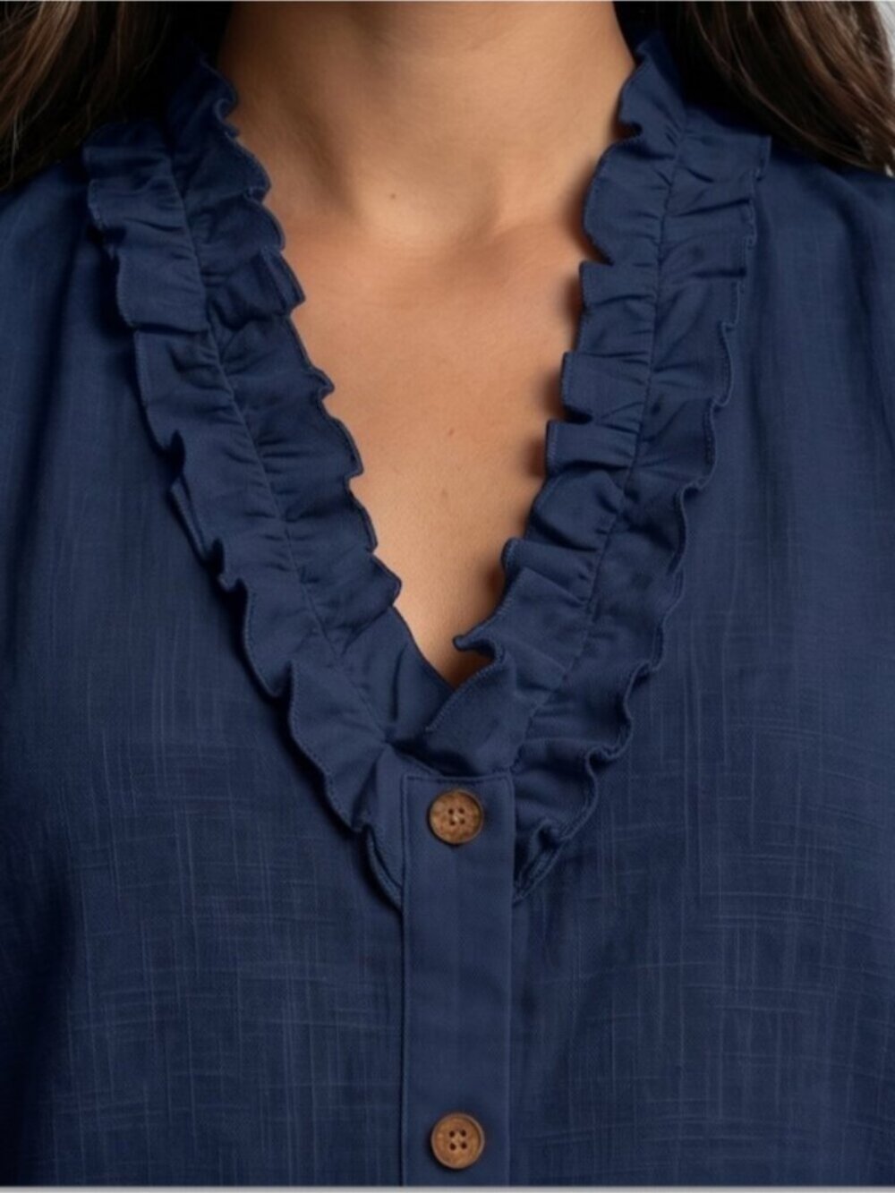 Navy Blue Ruffle V-Neck Sleeveless Cotton Blouse Button-Down Top - Picture 2 of 8